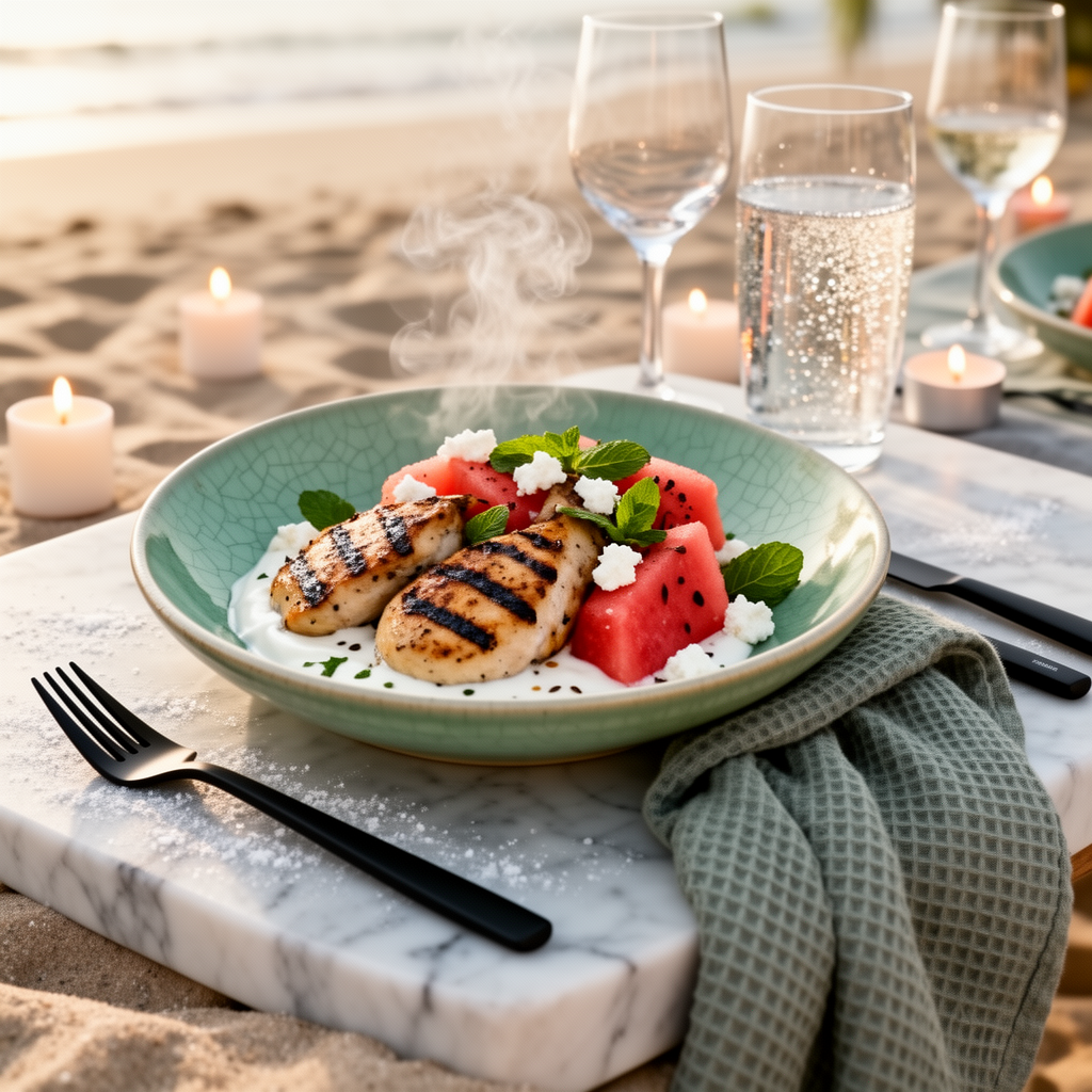 Grillade kycklinglårfiléer med yoghurtmarinad och grillad vattenmelon