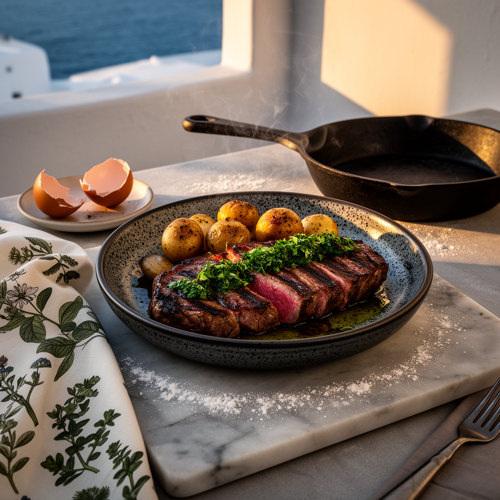 Grillad entrecôte med chimichurri och rostade smörstekta nypotatis
