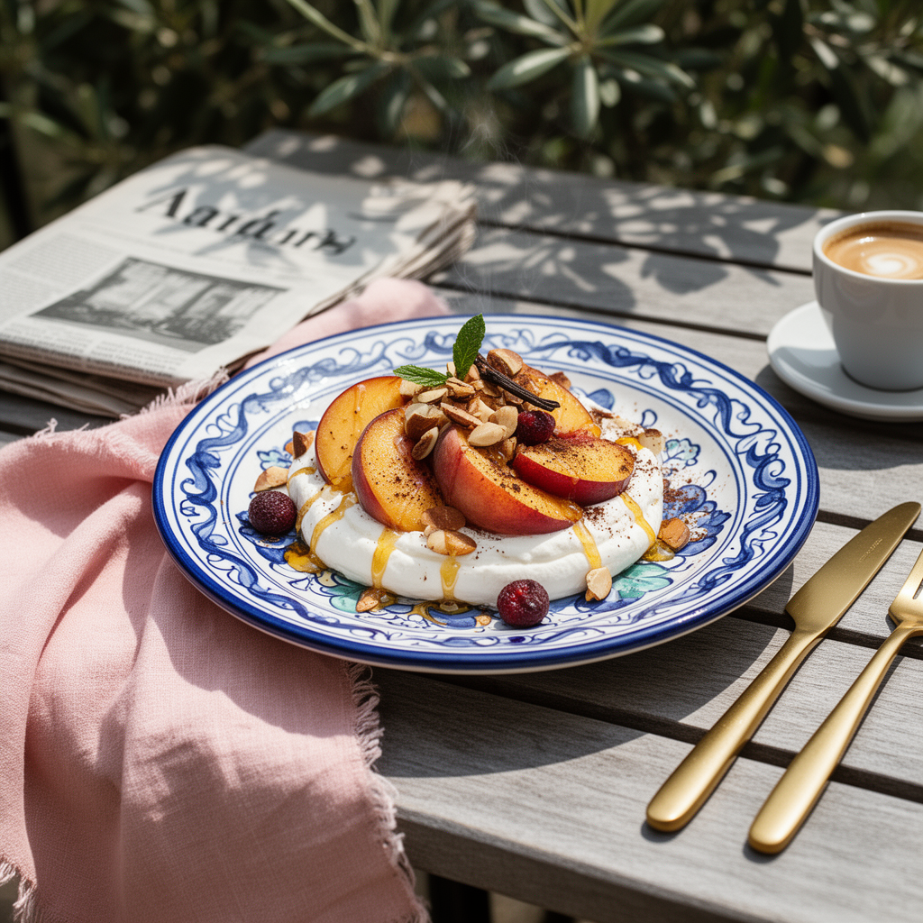 Grillade persikor med vaniljmascarpone och rostade mandlar