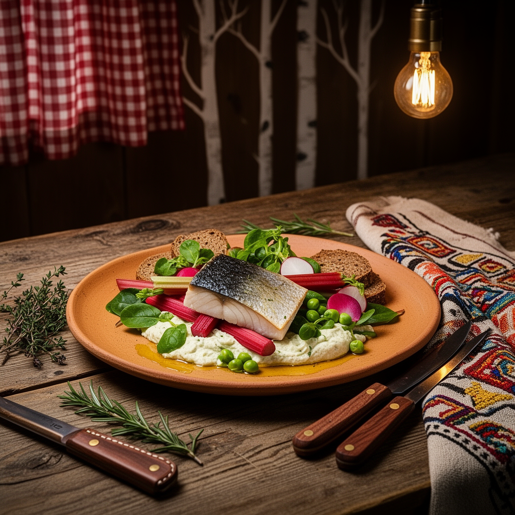 Primörsallad med syrad rabarber, varmrökt makrill och pepparrotscrème