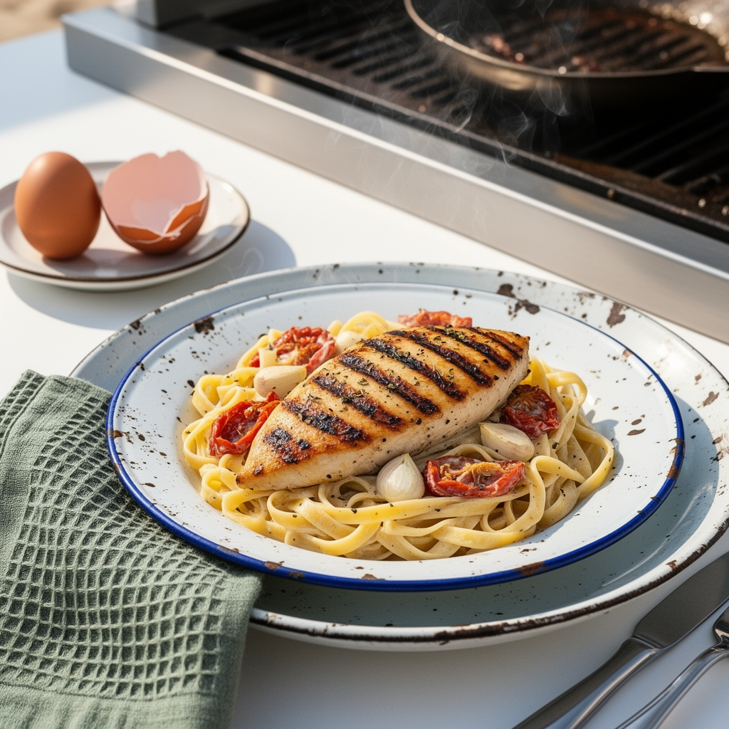 Grillad kycklingfilé med citron och vitlök till krämig pasta