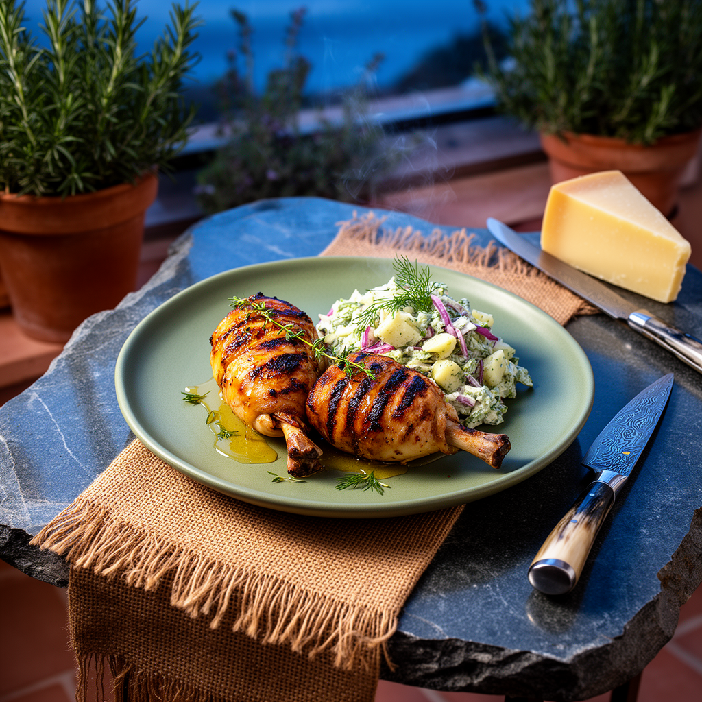 Grillade kycklingklubbor i honung och timjan med potatissallad