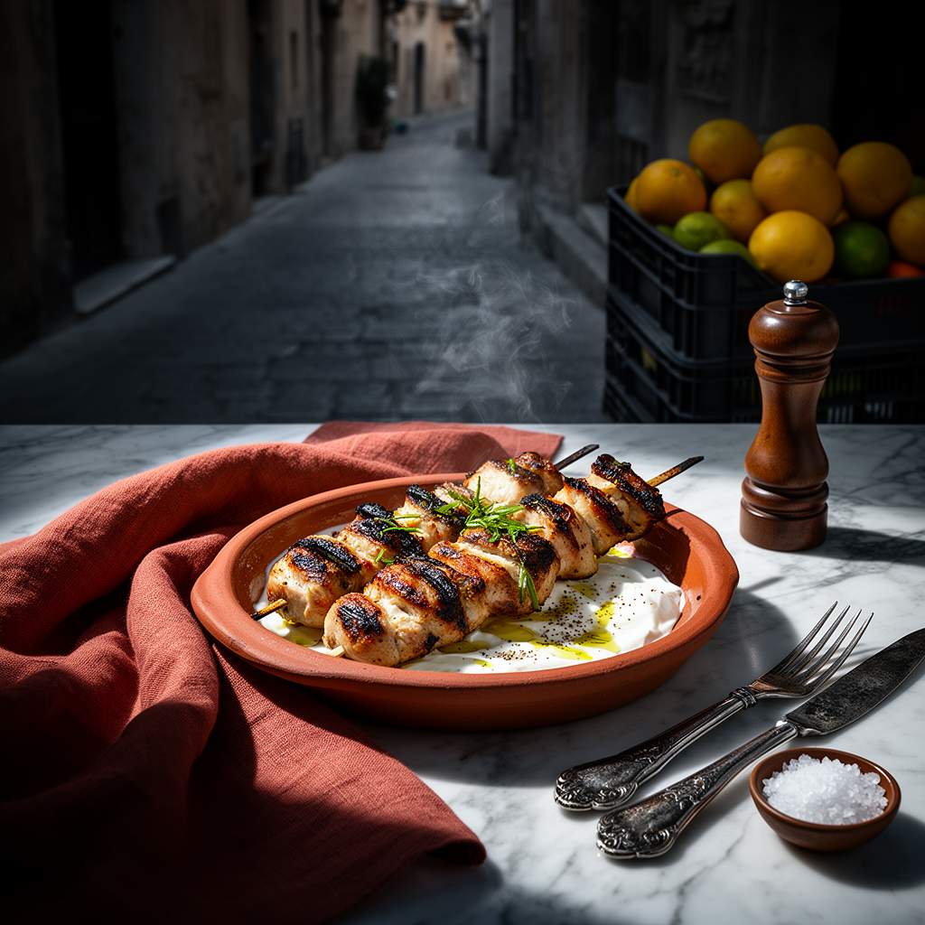 Grillade kycklingspett i yoghurt- och citronmarinad