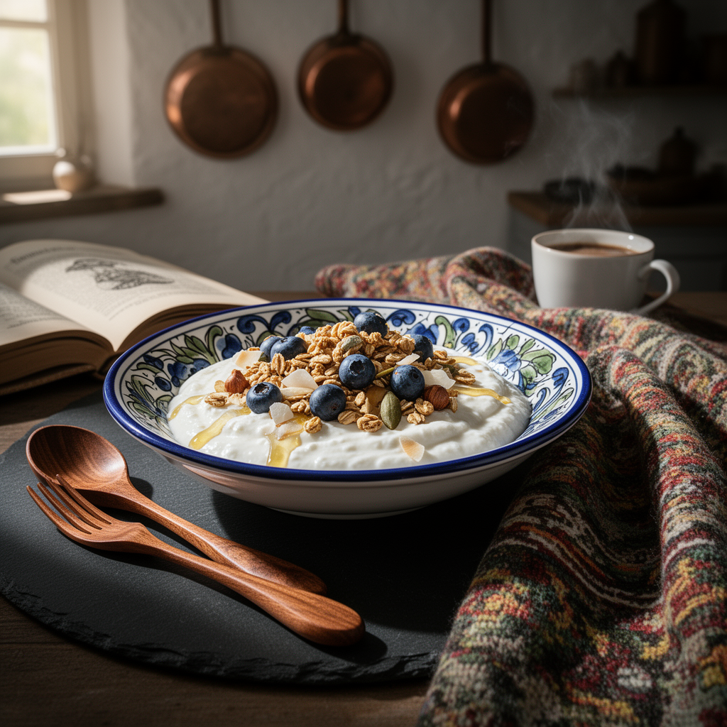 Skyrbowl med fläderhonung, blåbär och knaprig granola