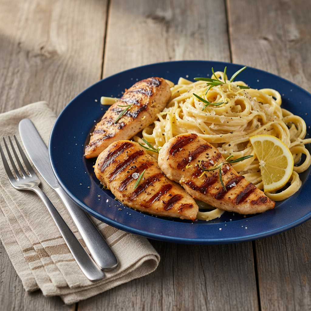 Grillad kycklinginnerfilé med citron och rosmarin samt krämig pasta