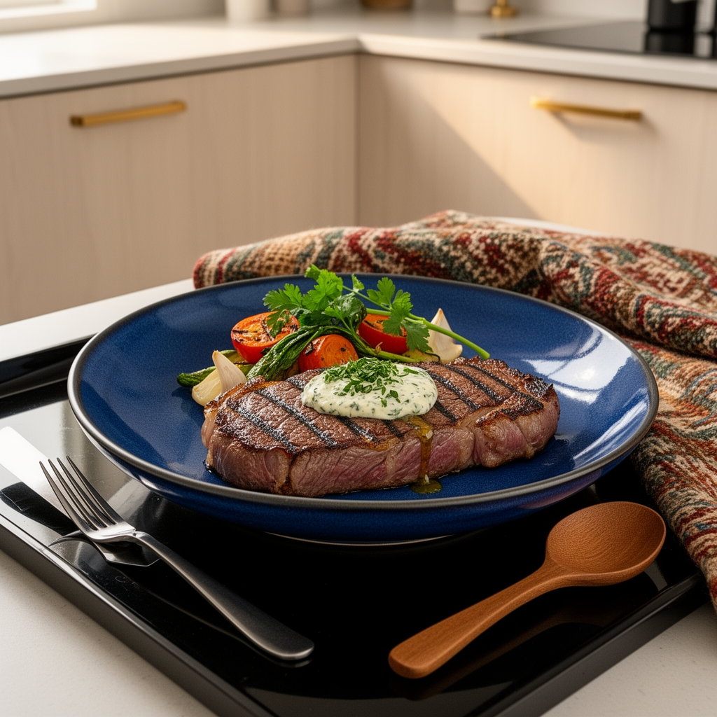 Grillad entrecôte med örtsmör och grillade primörer