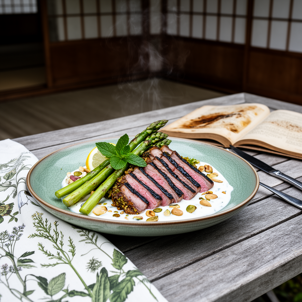 Grillad lammrack med pistagekrusta, myntayoghurt och grillad sparris