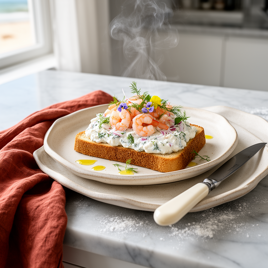 Toast Skagen med dillvispad crème