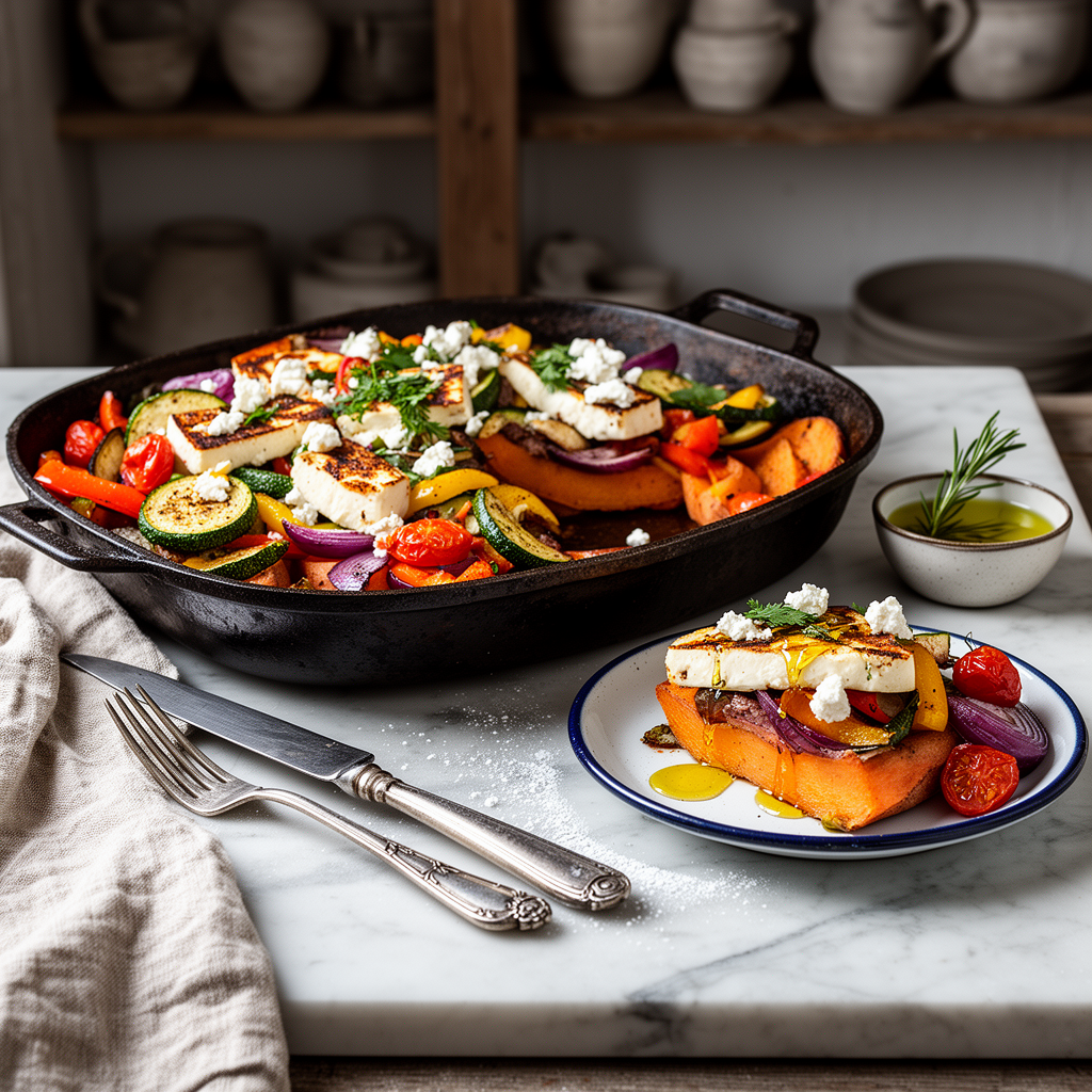 Plåtgratäng med Sötpotatis, Halloumi och Medelhavsgrönsaker