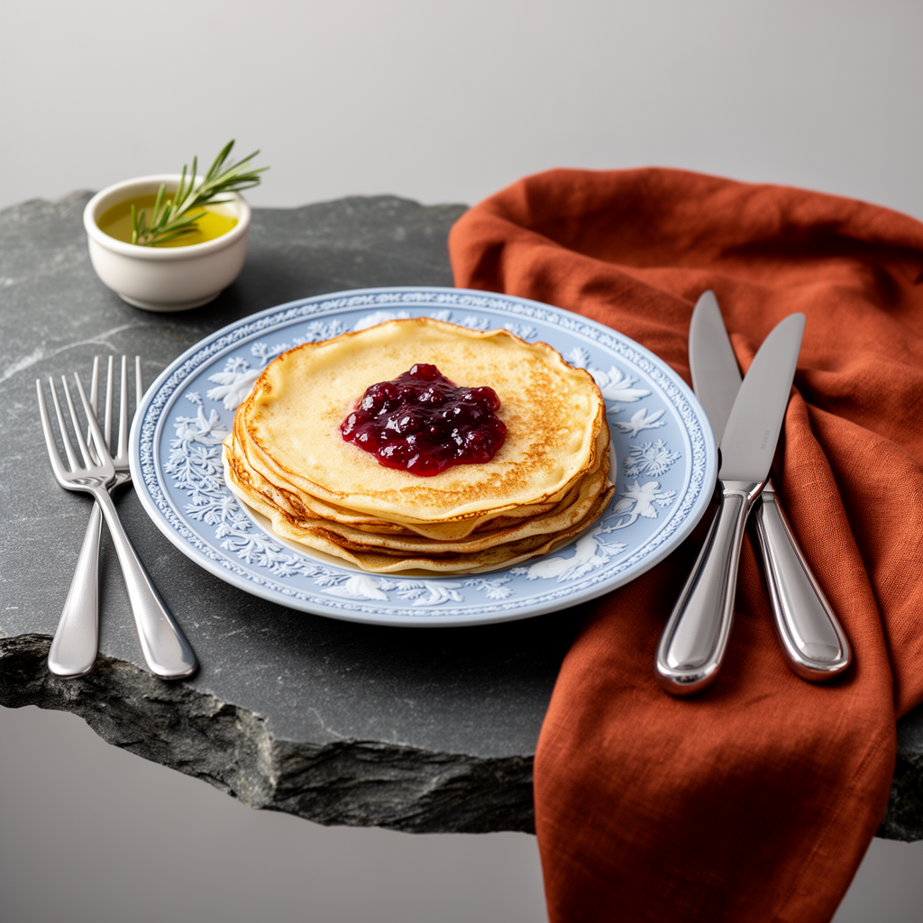 Fluffiga svenska tunna pannkakor med sylt och grädde