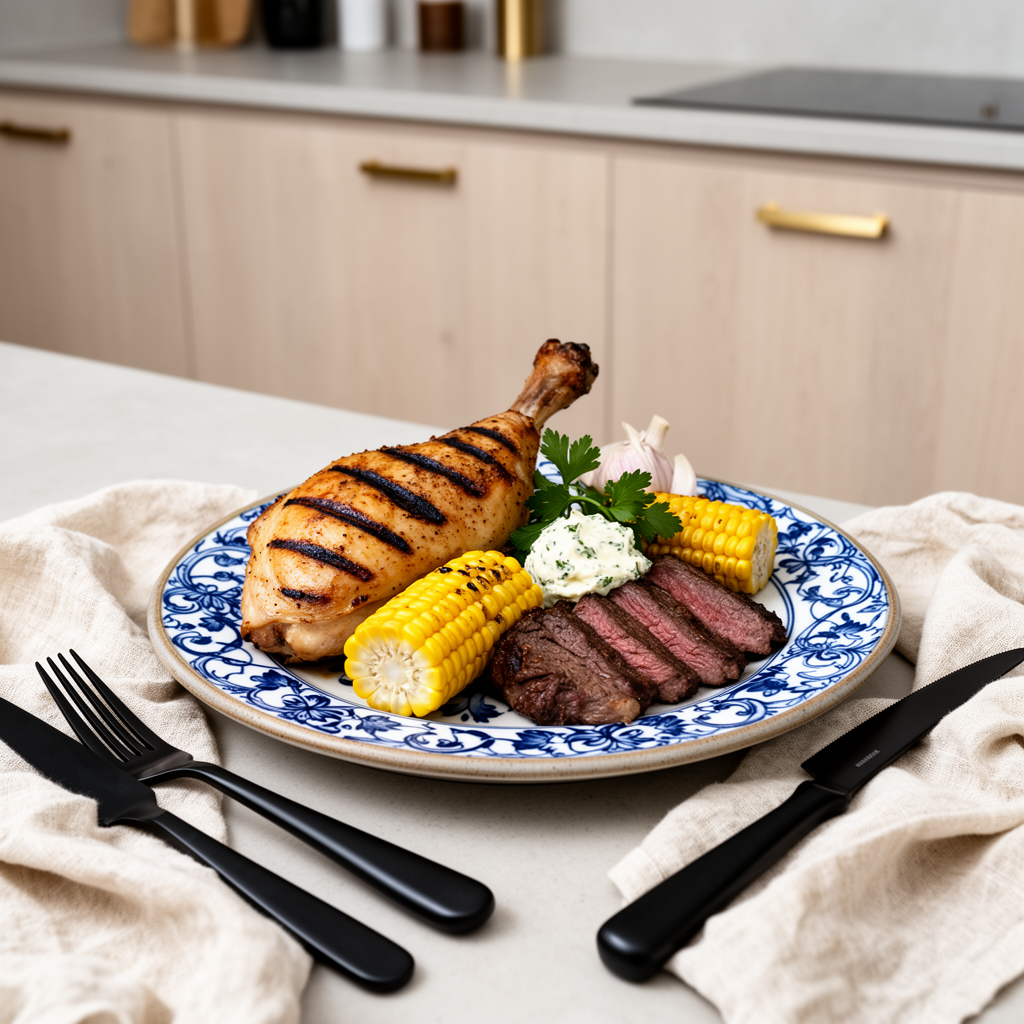Grillad kyckling och flank steak med kolgrillad majs och örtsmör