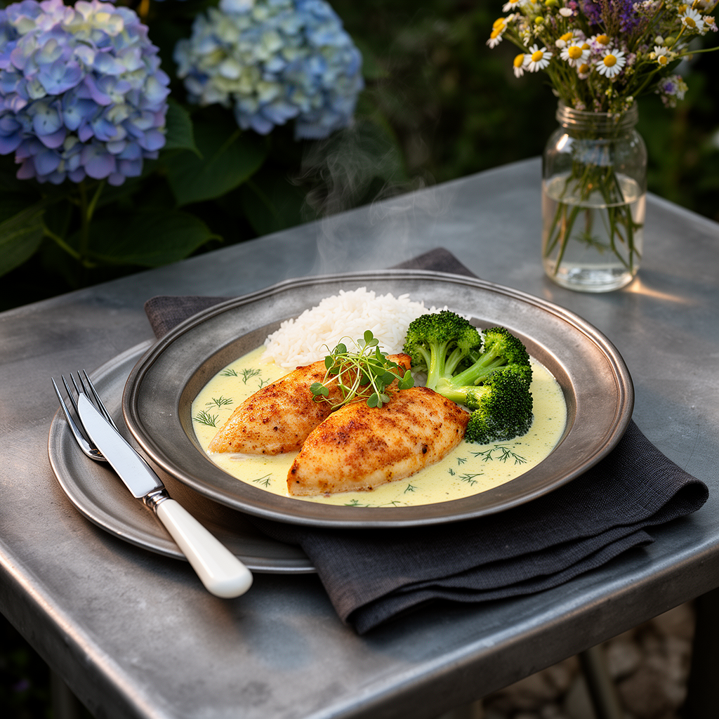 Stekt kycklingfilé med ris, ångad broccoli och len mjölksås i två varianter