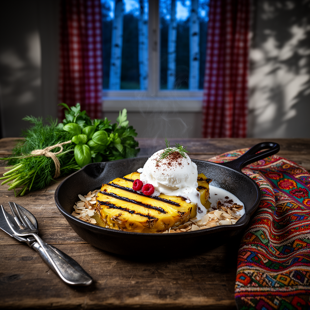 Grillad ananas med rom, lime och kokosglass