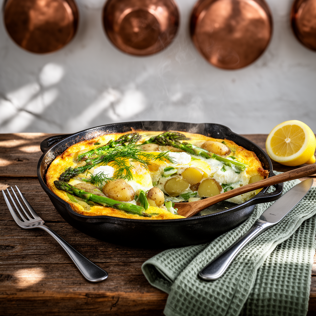 Sommarens plåtfrittata med färskpotatis, grön sparris och getost