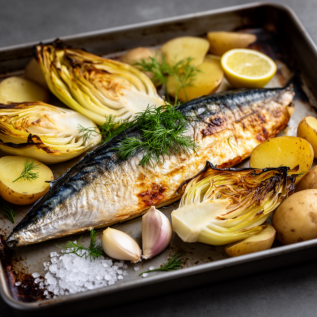 Plåtbakad makrill med rostad fänkål, citron och färskpotatis