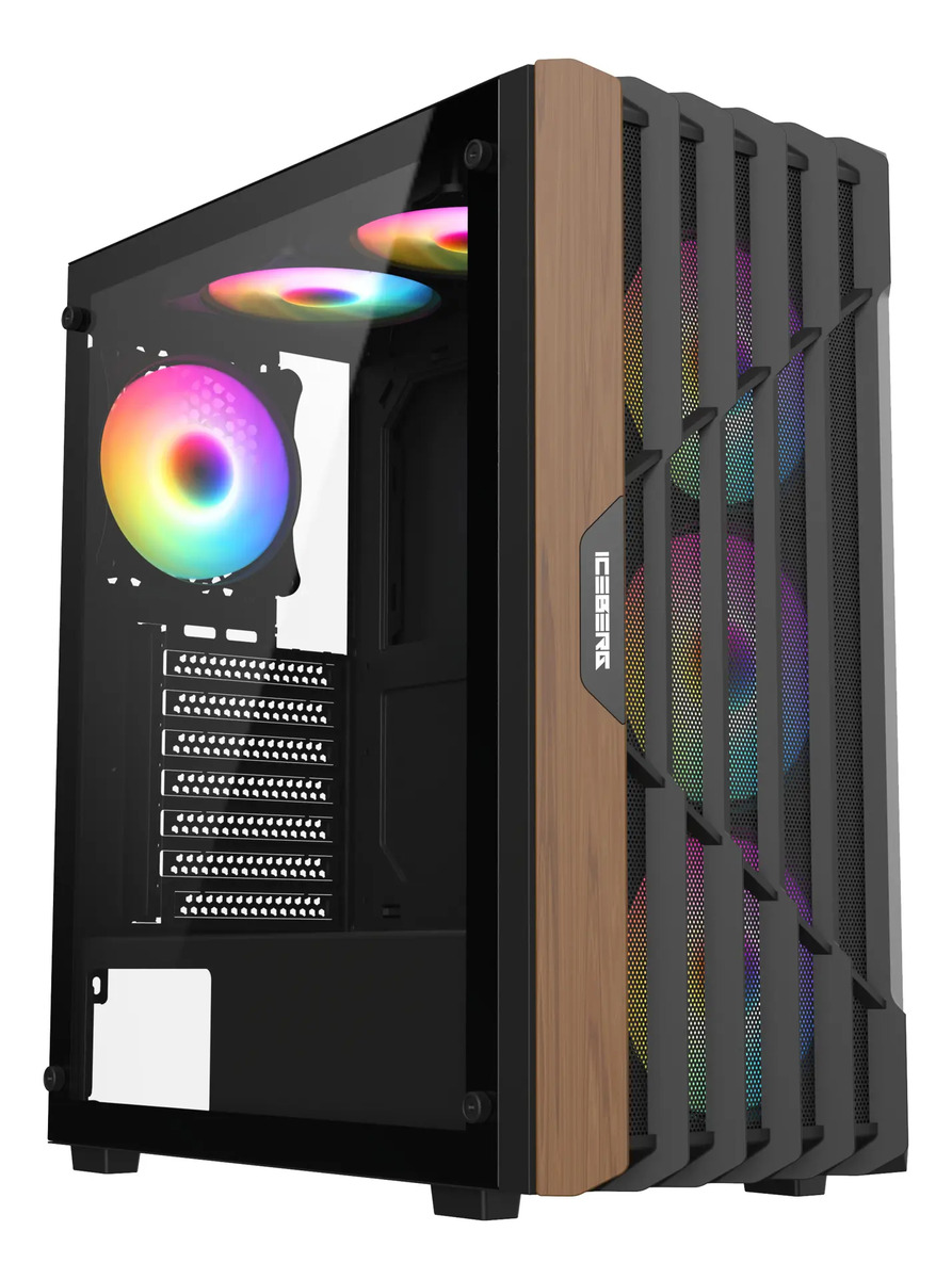 Gabinete Gamer Iceberg Wood Core Madera 6 Fans Argb Negro