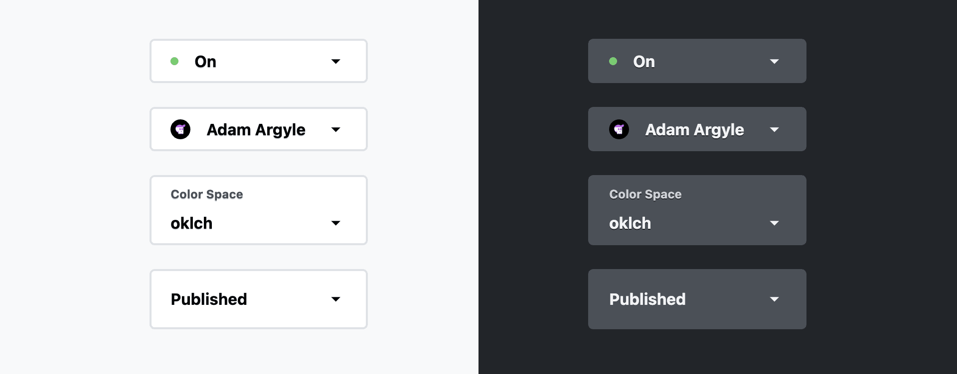 Example selects are shown in light mode and dark mode