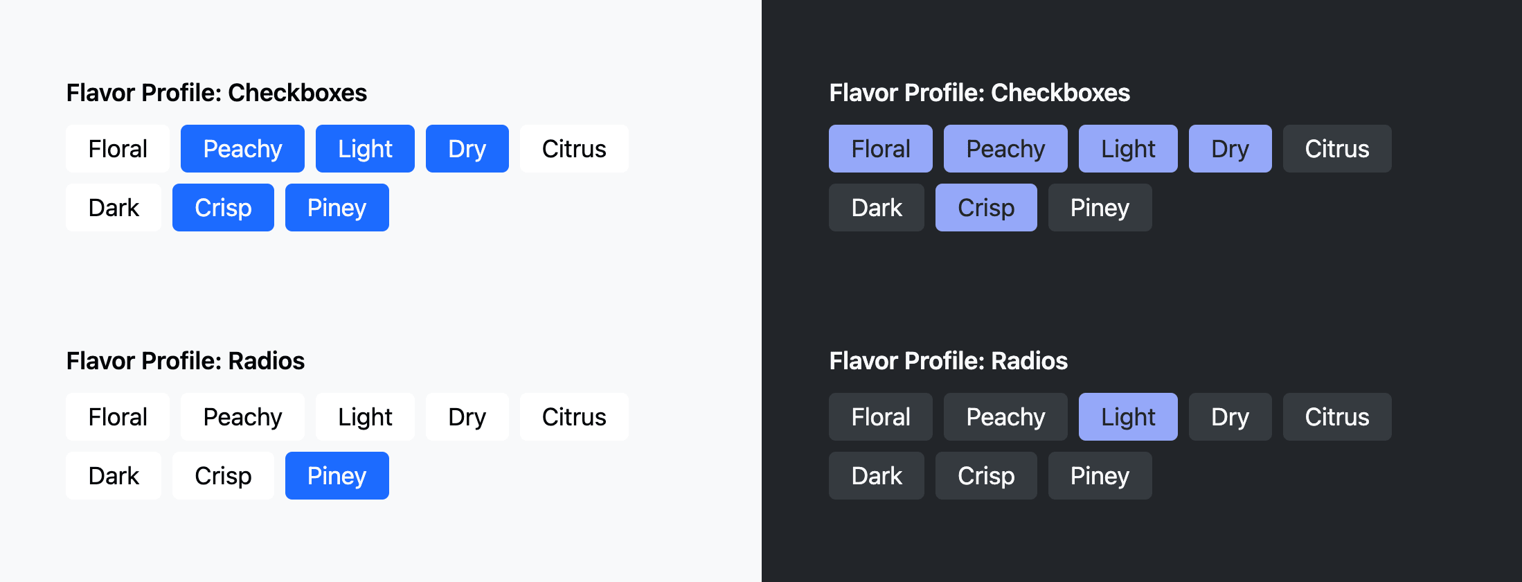 2 light and 2 dark tag lists are shown, each with various options chosen to show how they work. the checkbox list can specify multiple, the radio list can only have 1 selected.