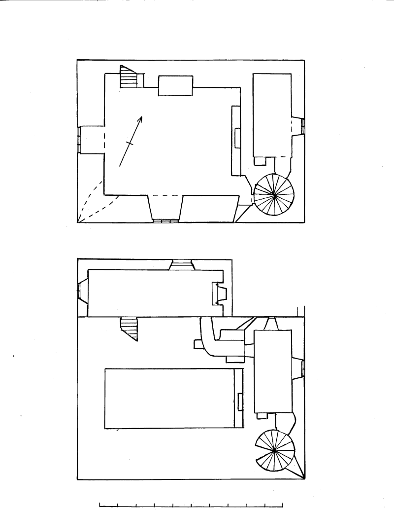 Two stacked plans of the upper storeys, with a scale bar beneath.
