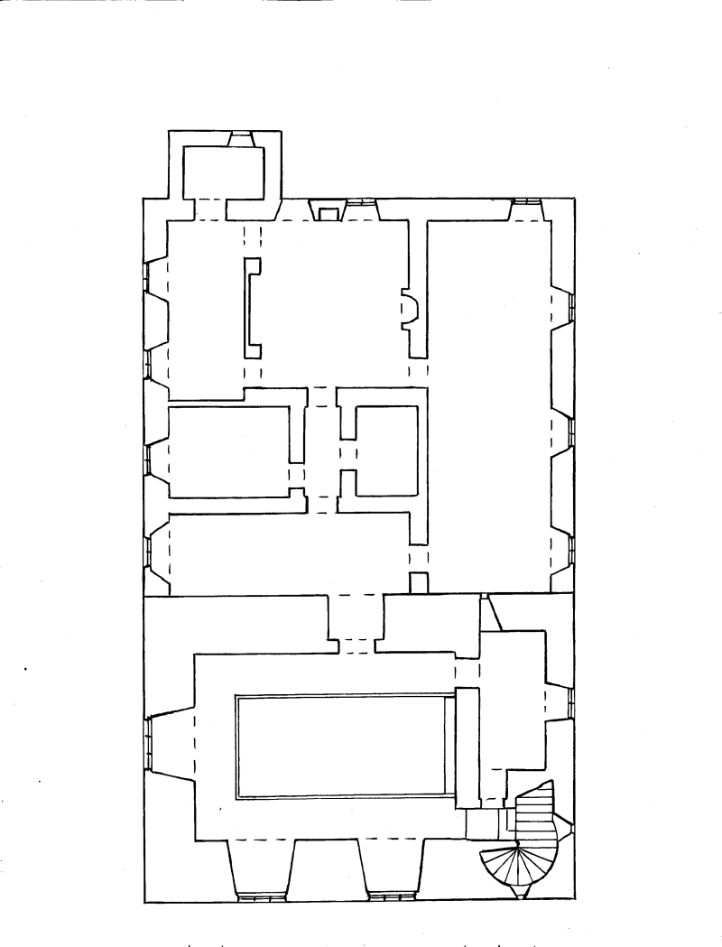 Plan of the tower and its northern extension, with the spiral stair at the south-east corner.