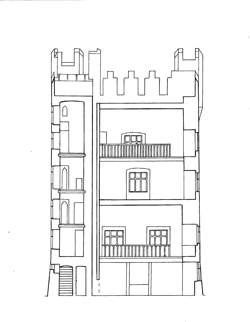 Outline cross-section showing the tier of small chambers and spiral stair at left, the vaulted main rooms with their galleries, and the battlemented parapet above.