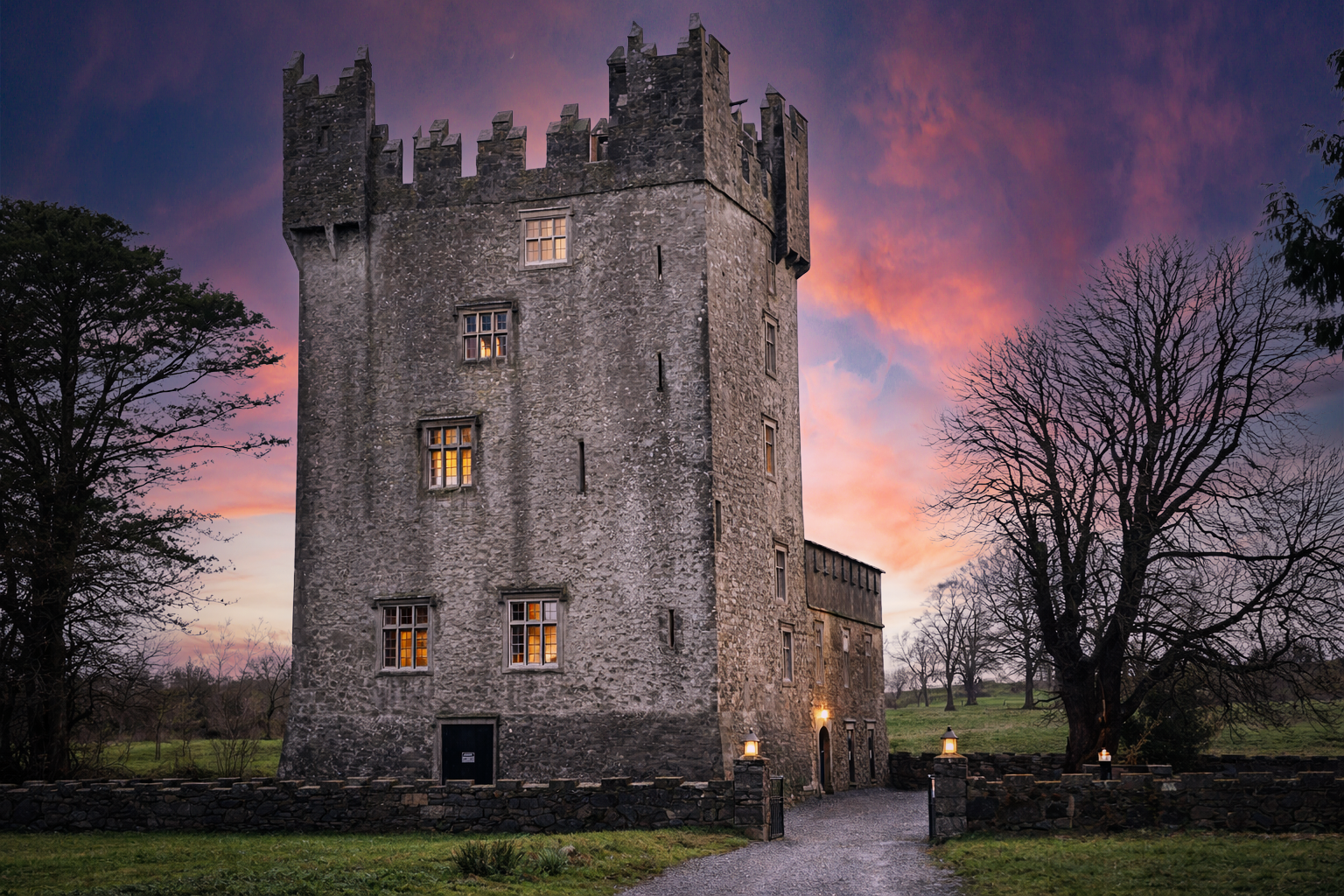 Castle Matrix tower castle overlooking the Irish countryside