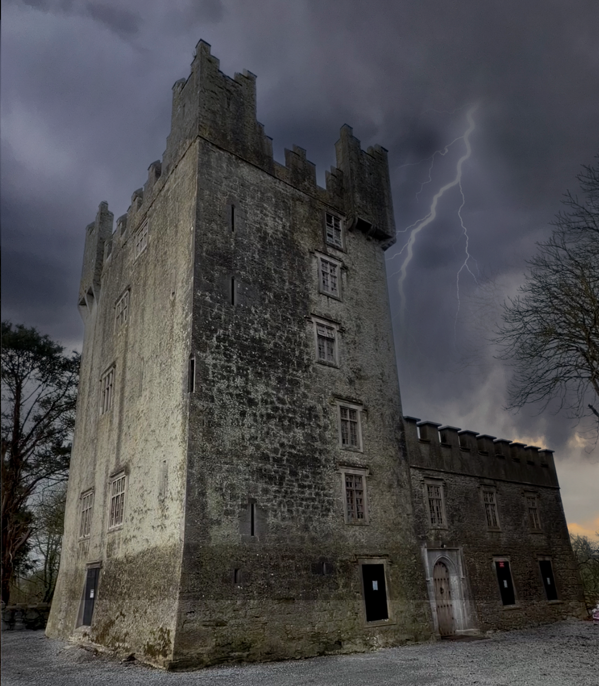 Castle Matrix tower under lightning, corner view