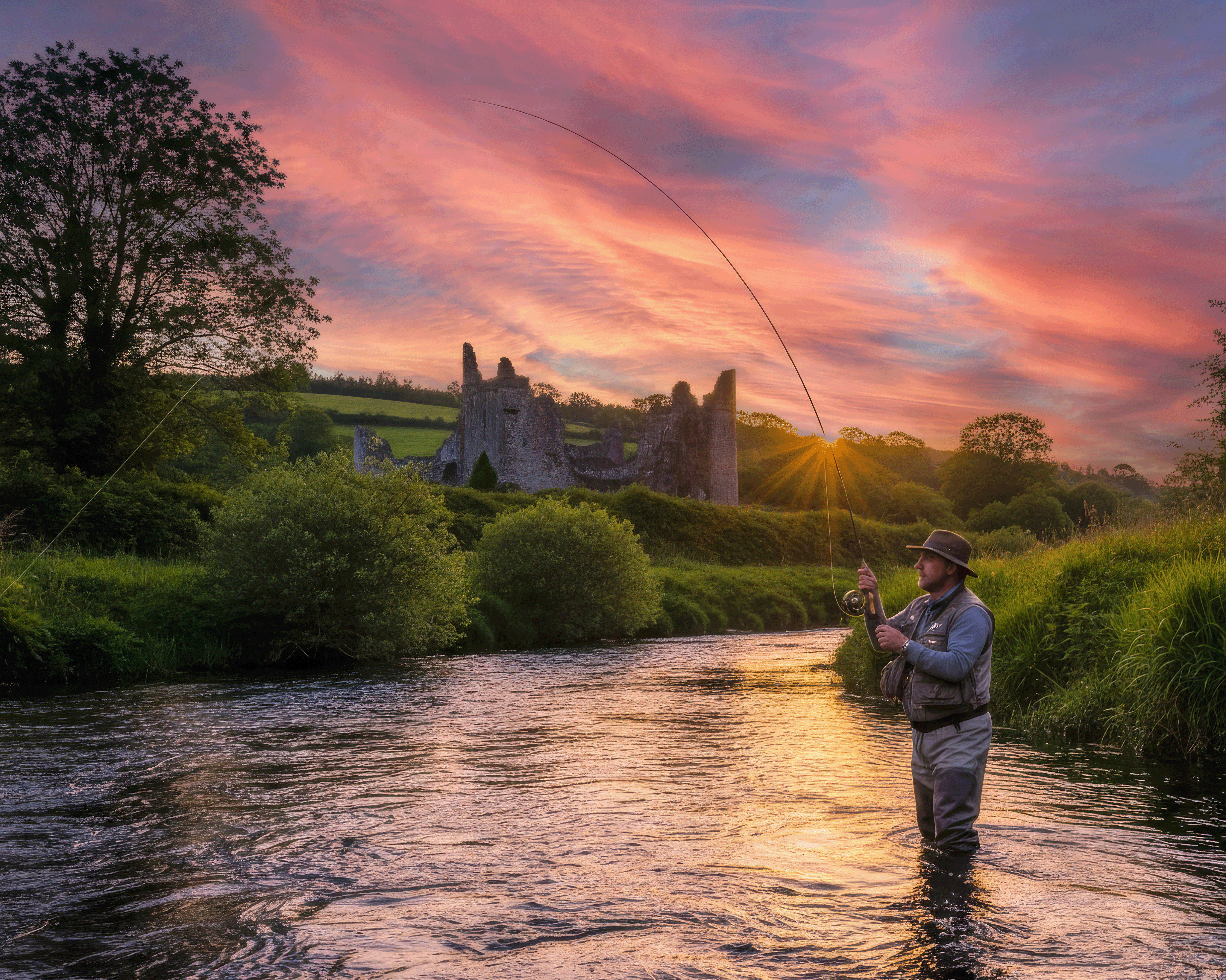 Fly fishing at sunset on the River Deel at Castle Matrix