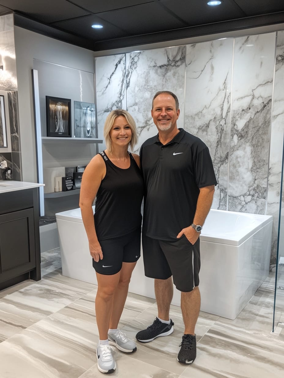 Happy clients in front of a completed bathroom remodeling project by Texas One Day Remodels – professional, top-quality work and satisfied customer experience.