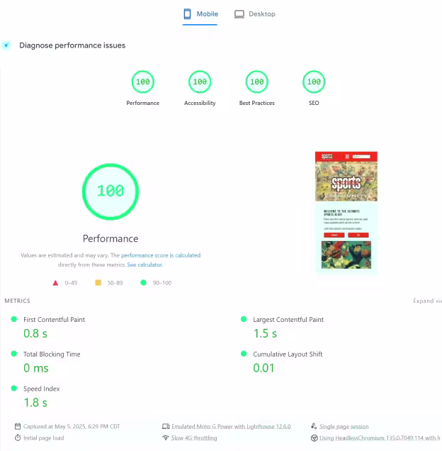 Sports Tube Community SEO grade result showing performance before optimization