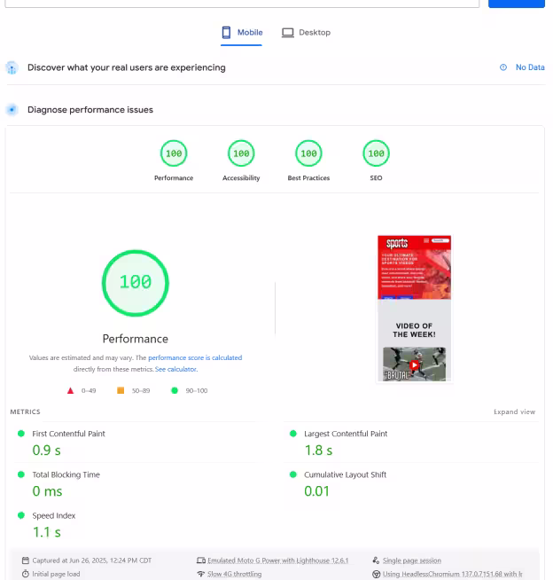 After optimization: Sports Tube Video Blog's mobile PageSpeed Insights score reaching 100/100 with full Core Web Vitals compliance