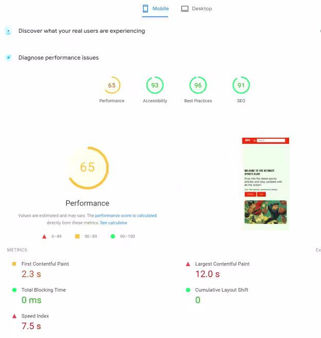Sports Tube Community SEO Mobile grade result showing performance before optimization