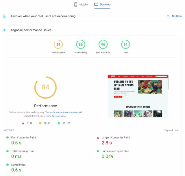 Sports Tube Community SEO grade result showing performance before optimization
