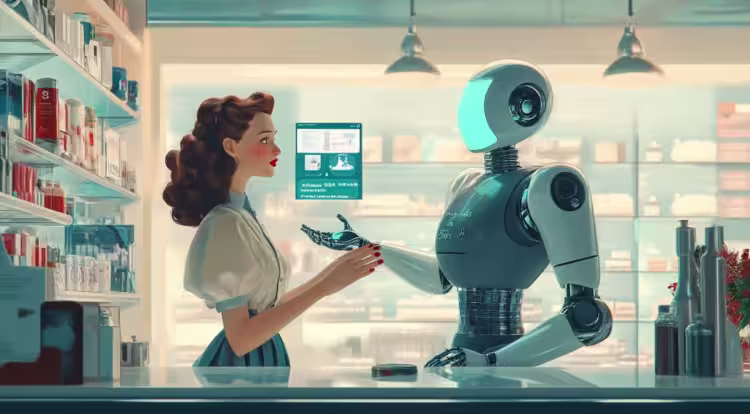 Woman interacting with an AI robot in a futuristic eCommerce store showcasing the future of online retail