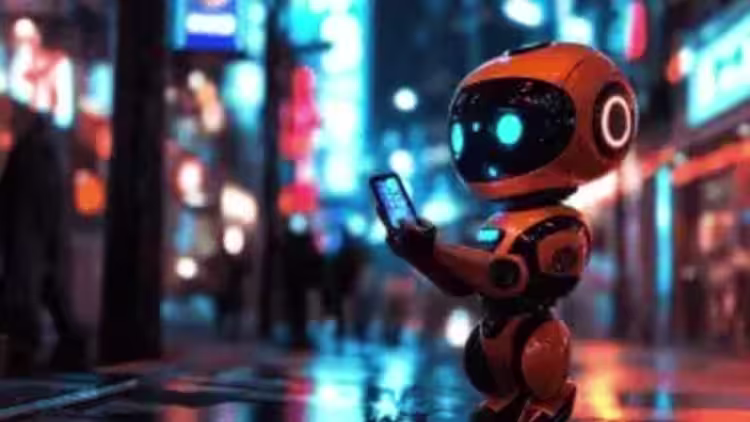 a cute robot in a futuristic neon city holding a sign that says 'Tech Trends'