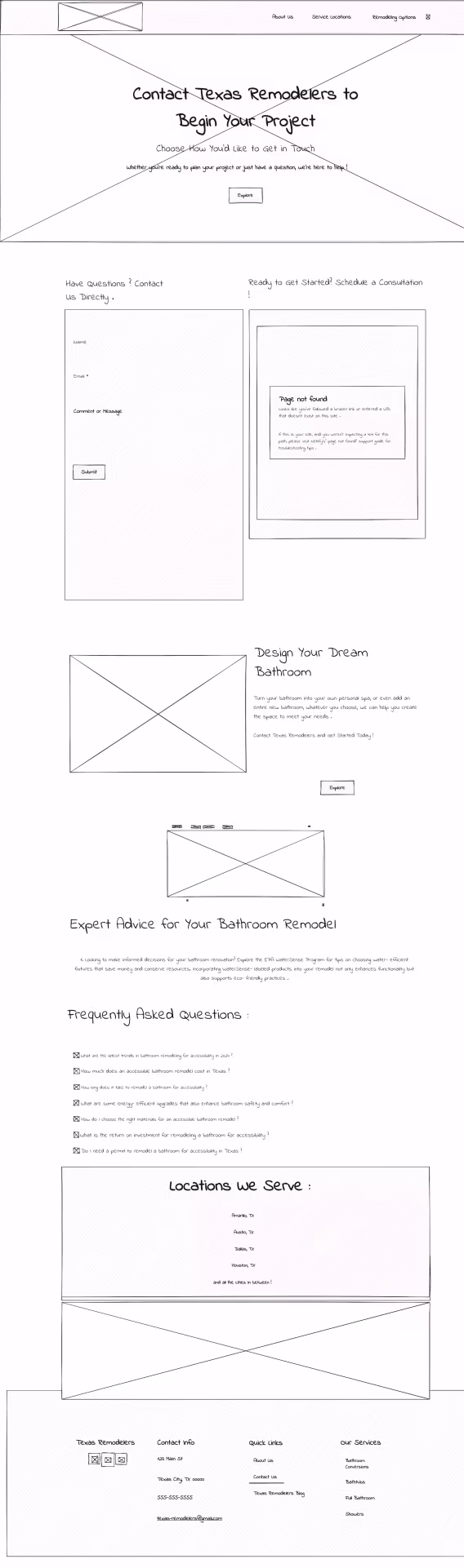 Wireframe of the contact page layout for Texas Remodelers