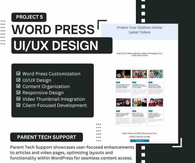 Project 5 thumbnail: Video resource page for parents featuring accessible layout and grid-based UI
