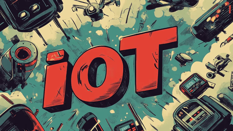 A retro comic-style depiction of IoT innovations, highlighting how industries use IoT to drive transformation and enhance connectivity.