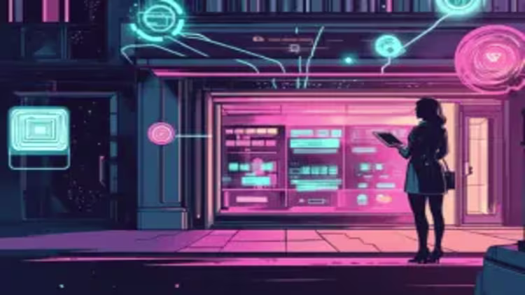 A futuristic storefront with a professional exploring headless commerce solutions, showcasing the flexibility and scalability of headless eCommerce.