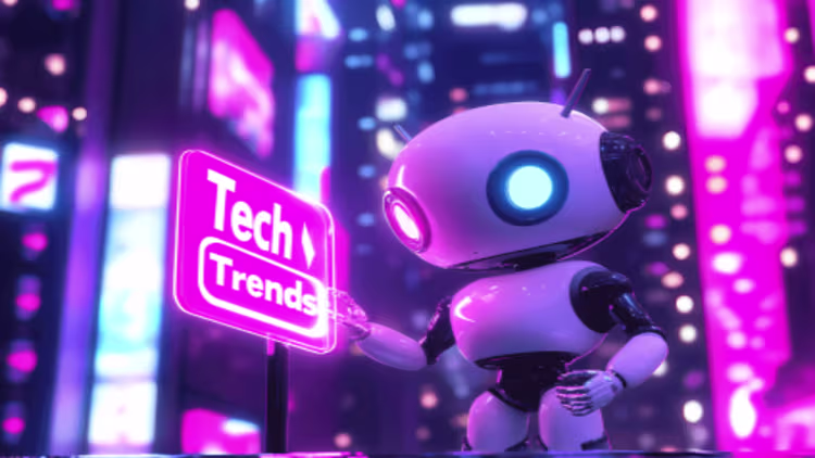Tech Trends Category – Futuristic AI robot analyzing digital data, symbolizing innovative AI SEO tools, digital marketing strategies, and emerging tech trends