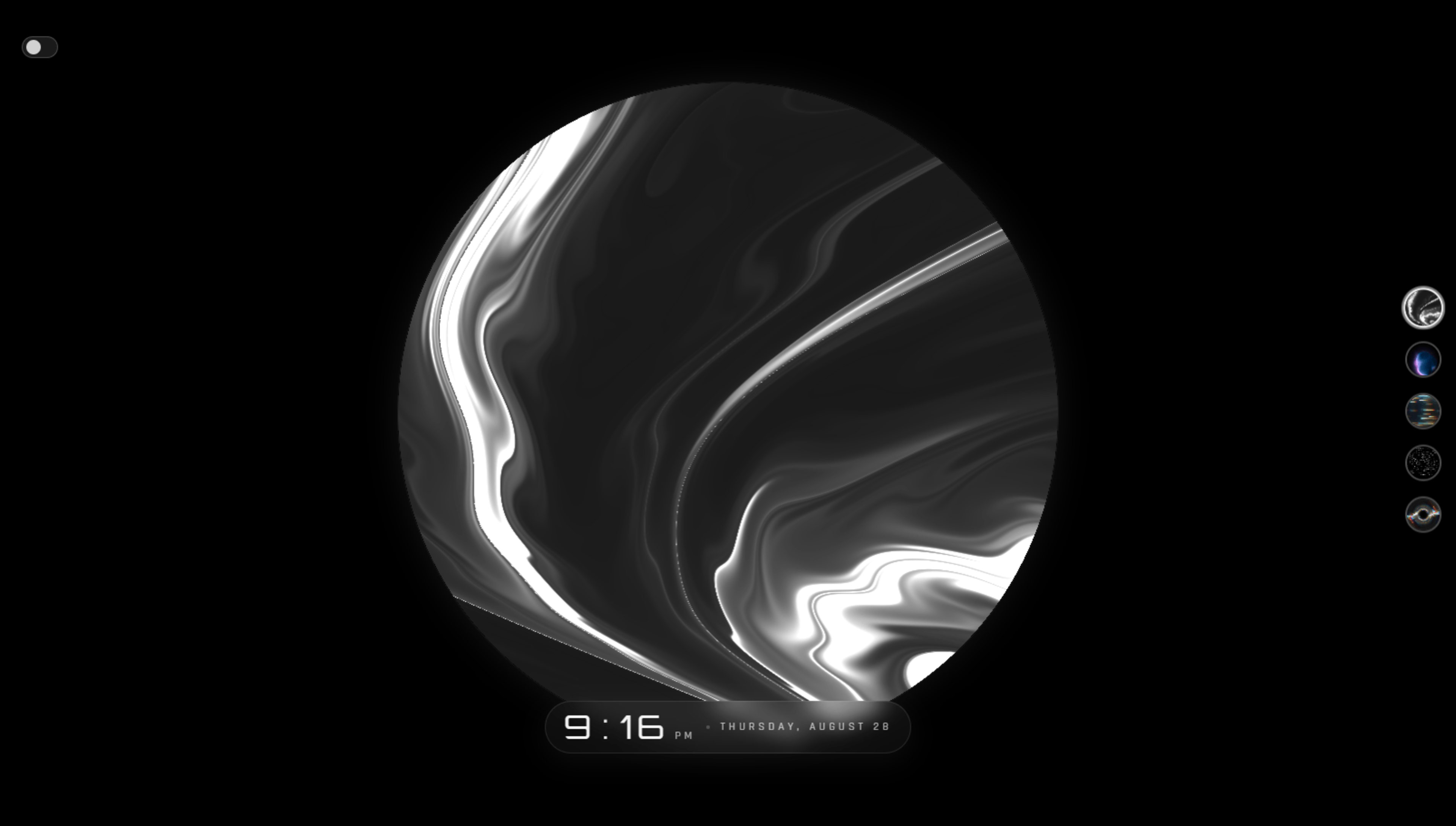 Round, handless dial with glowing pill time and mode icons
