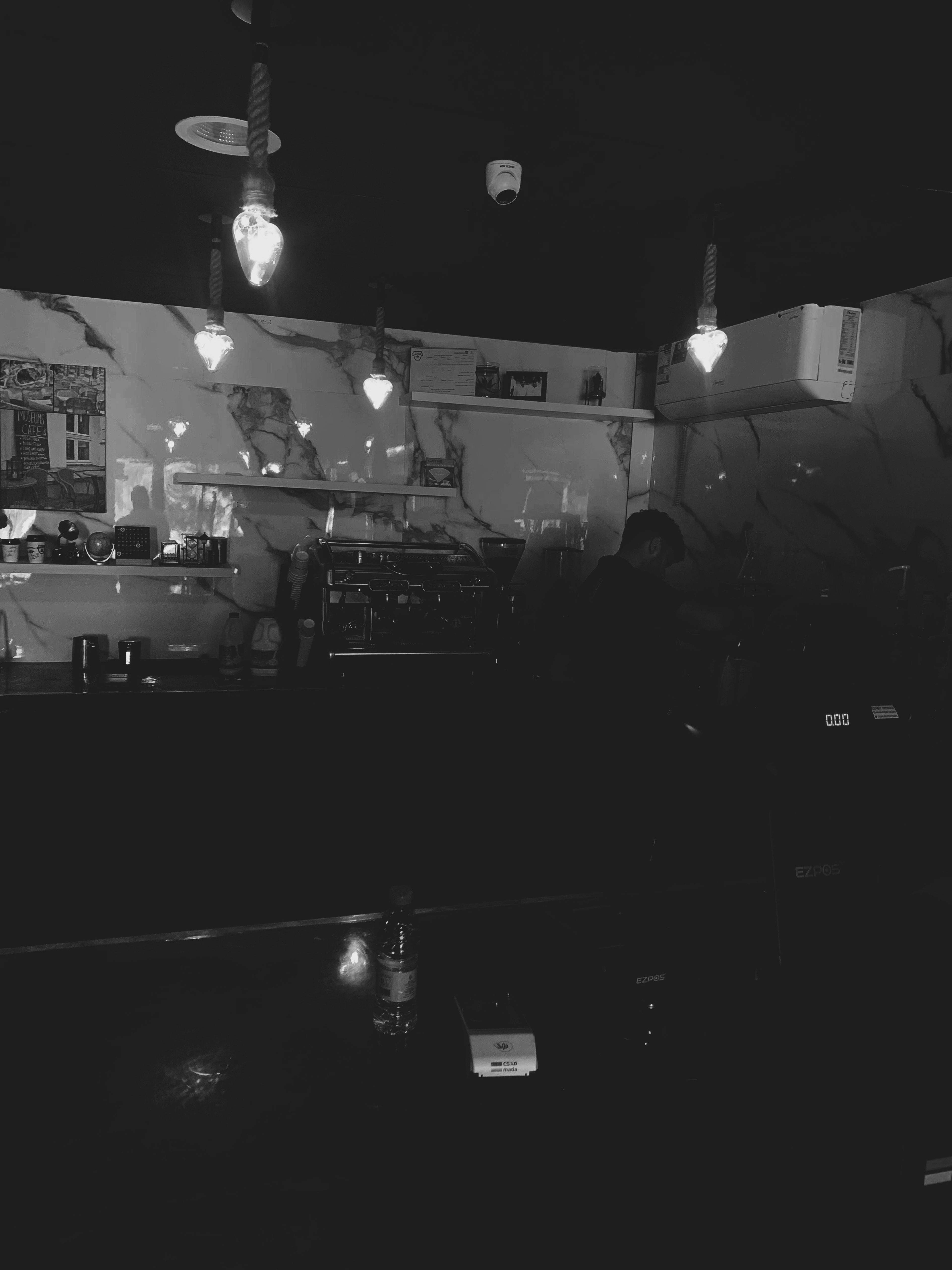 A dim interior, photographed at night.
