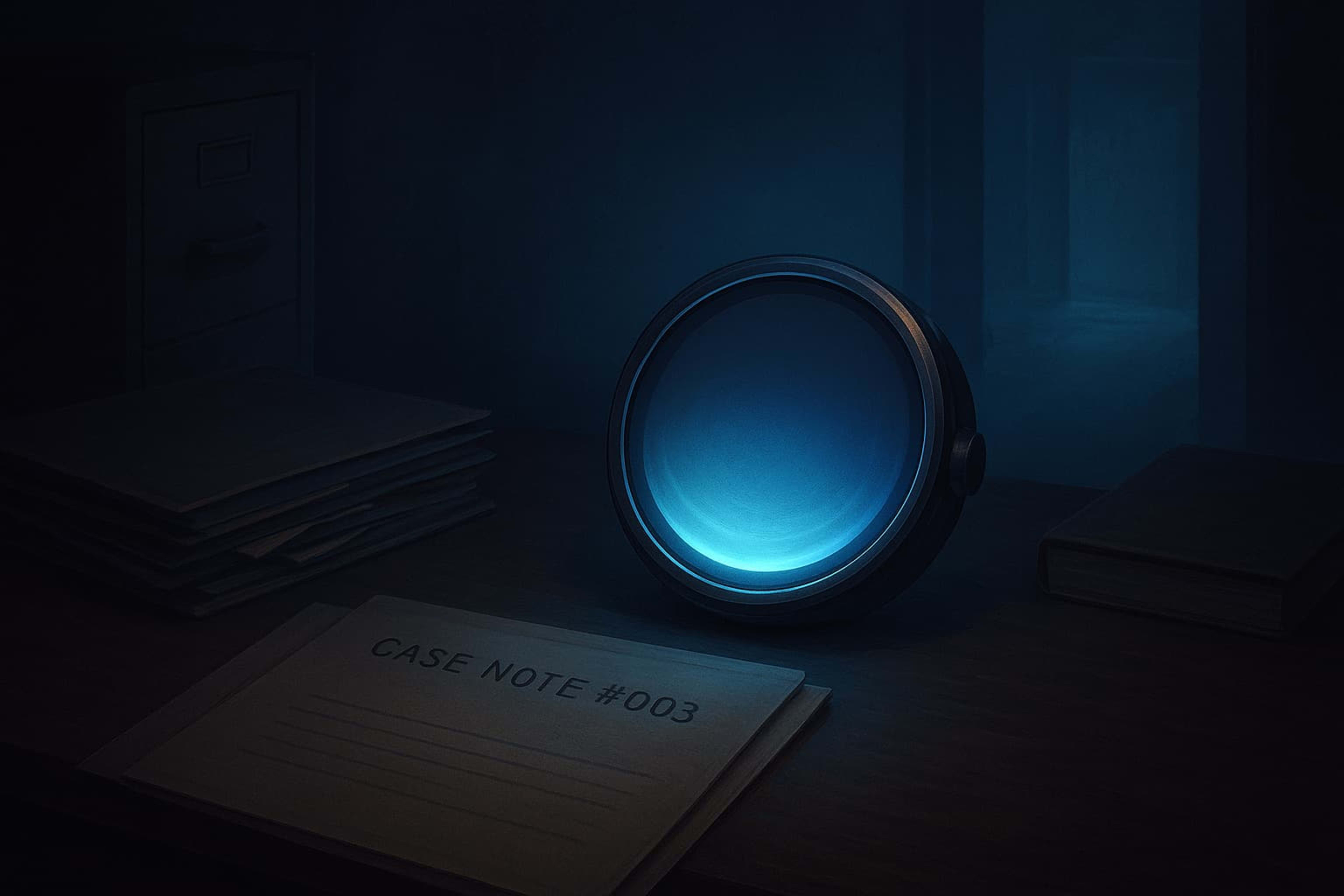 Desk, files, and a glowing futuristic dial