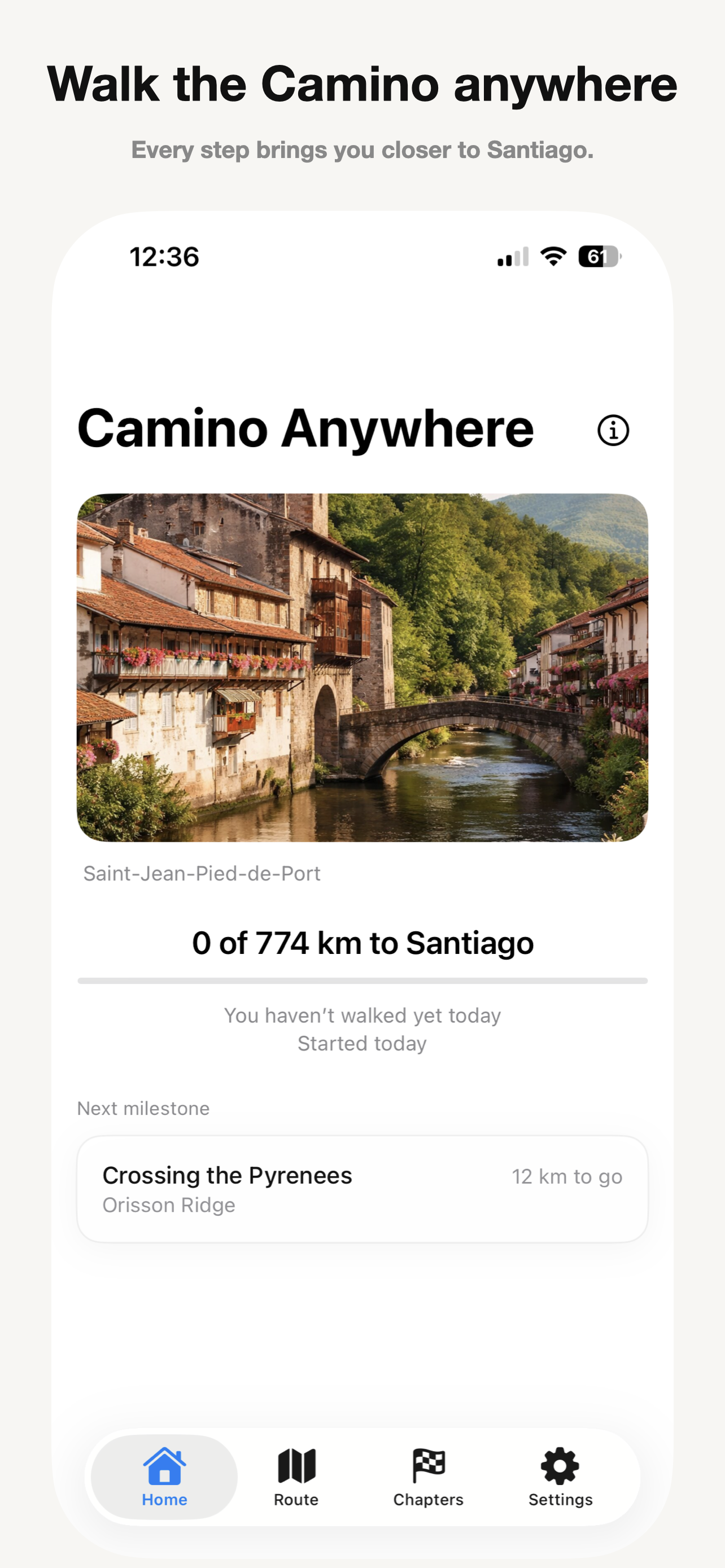 Camino Anywhere home screen showing progress toward Santiago