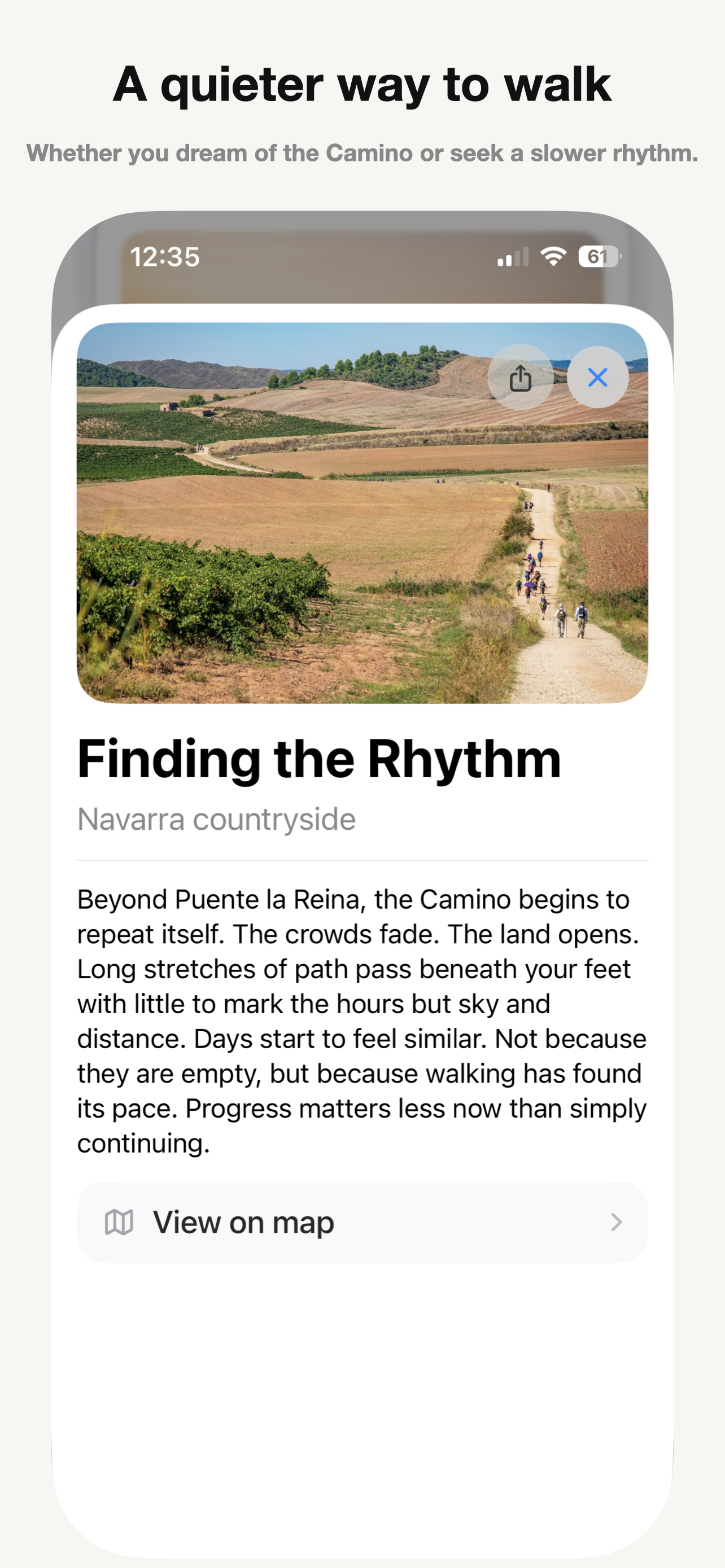 Camino Anywhere story screen showing a quieter way to walk