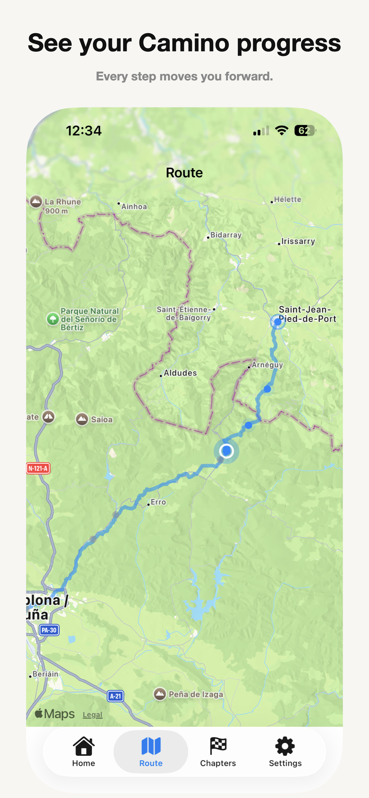Camino Anywhere route map showing Camino progress