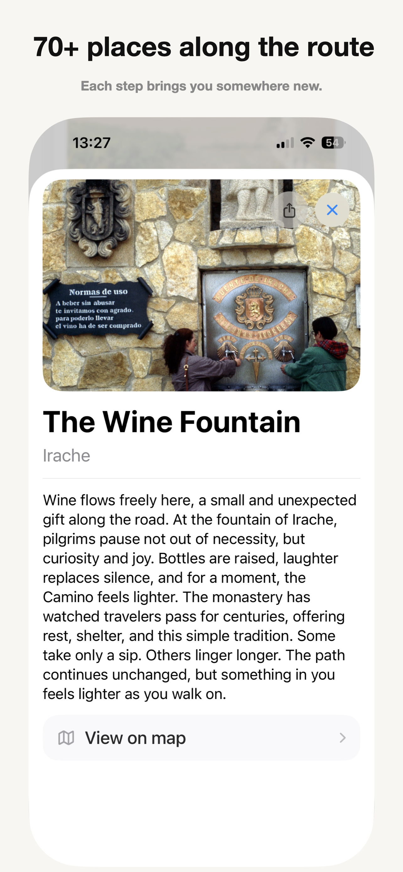 Camino Anywhere place screen showing the Wine Fountain along the Camino route
