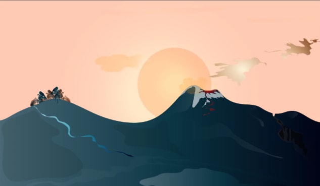 Illustration représentant un Paysage avec un volcan en arrière plan