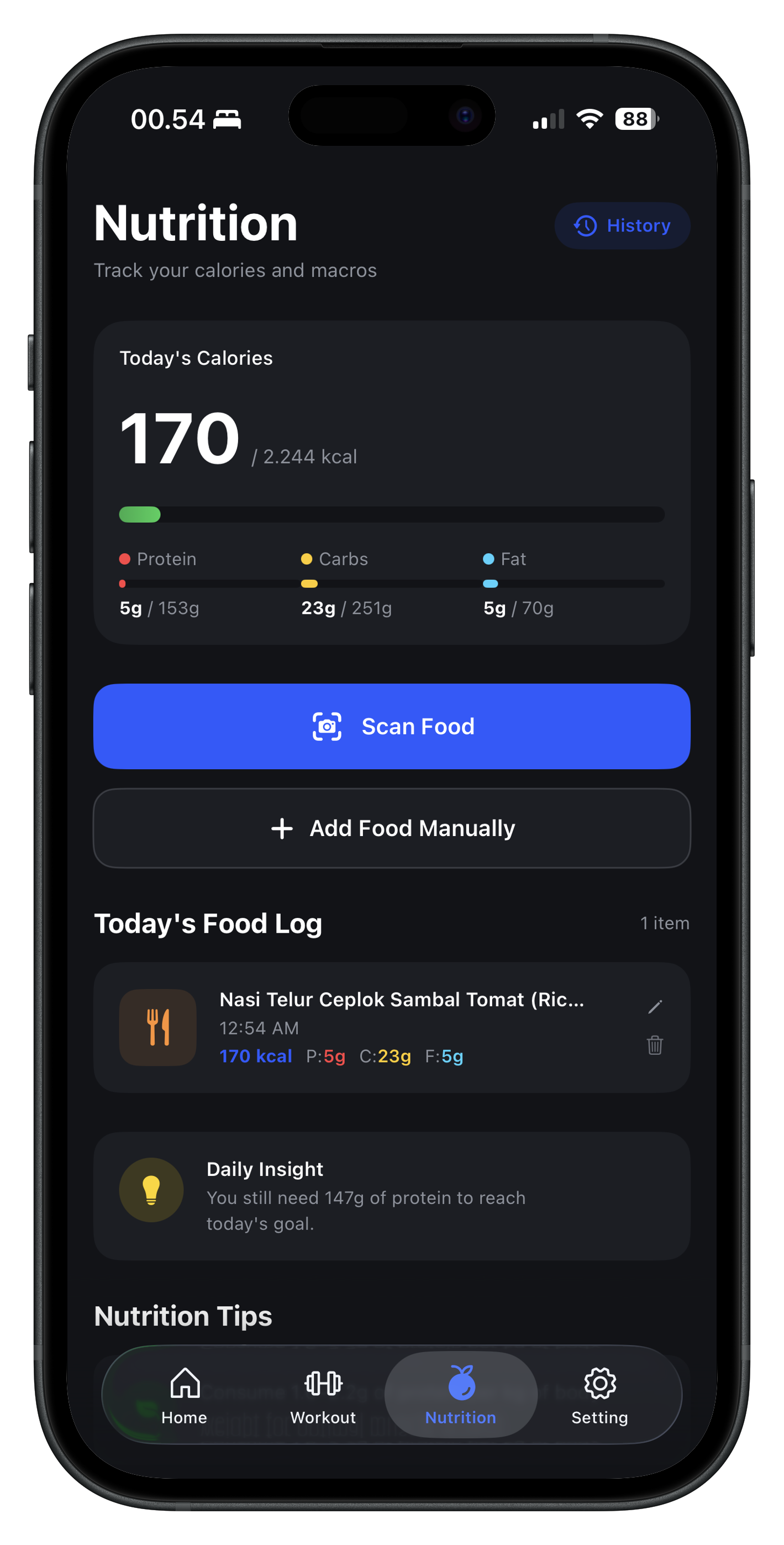 Nutrition day view with macros and food log