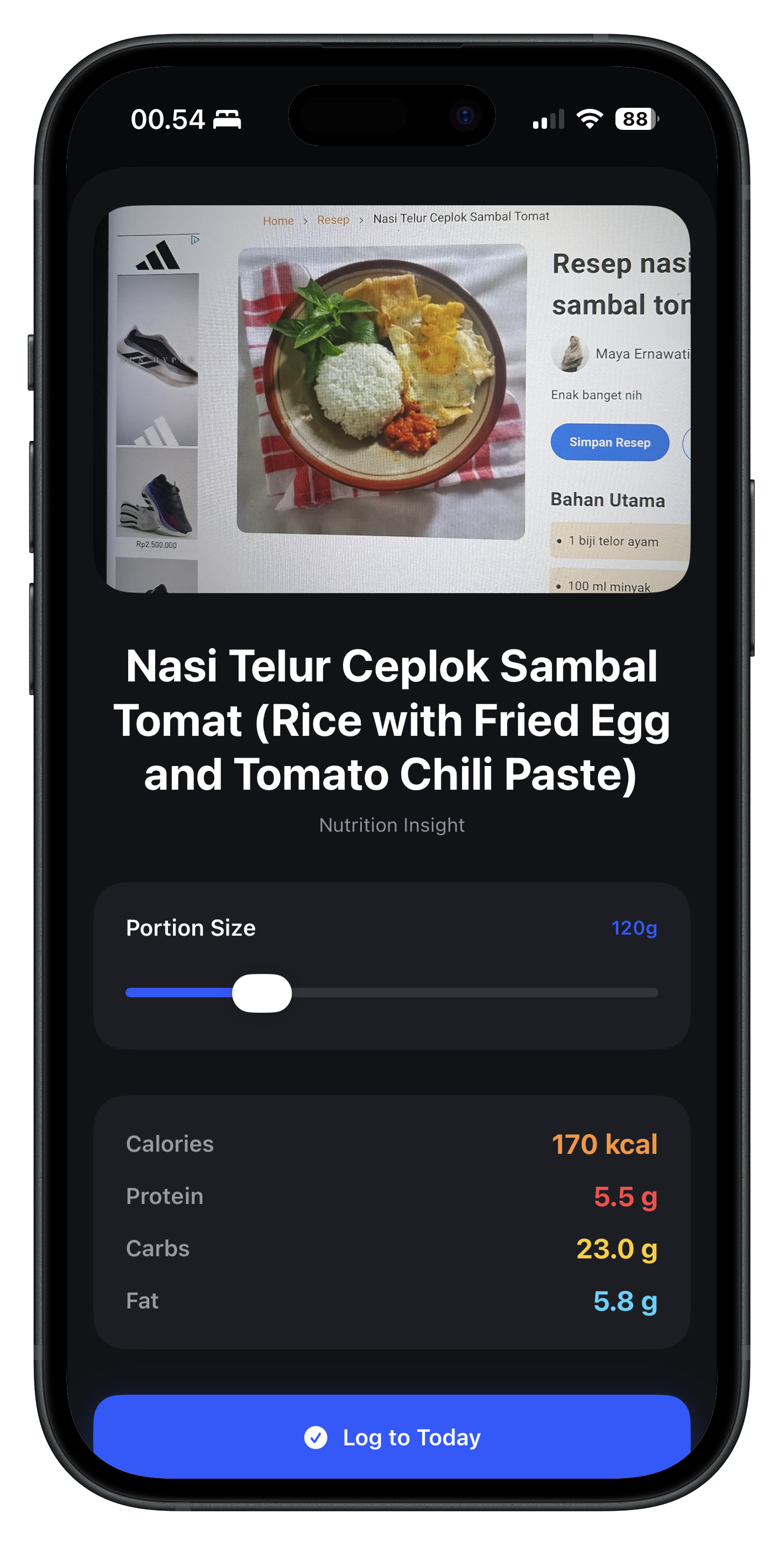 Nutrition insight with portion slider and macros
